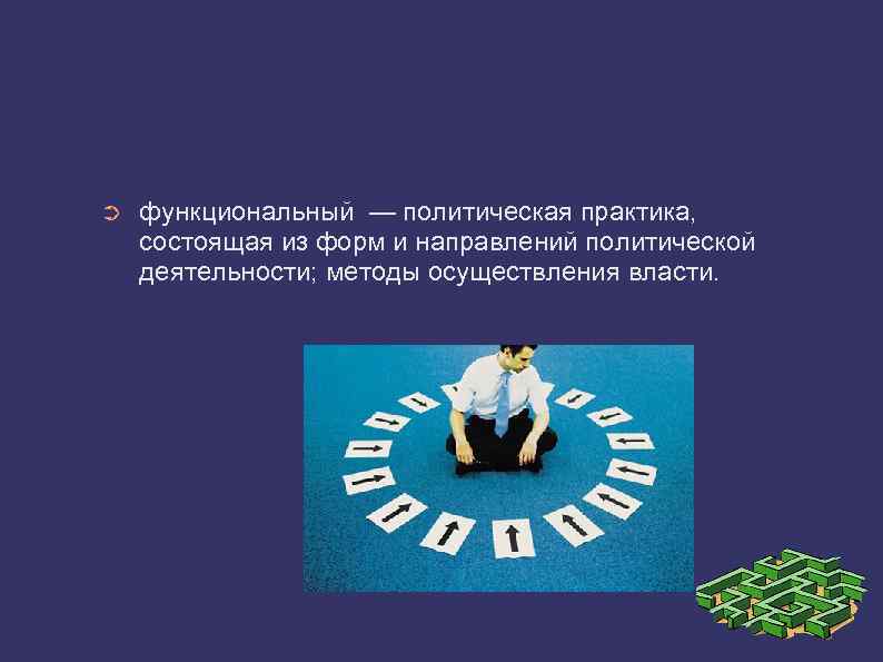 ➲ функциональный — политическая практика, состоящая из форм и направлений политической деятельности; методы осуществления