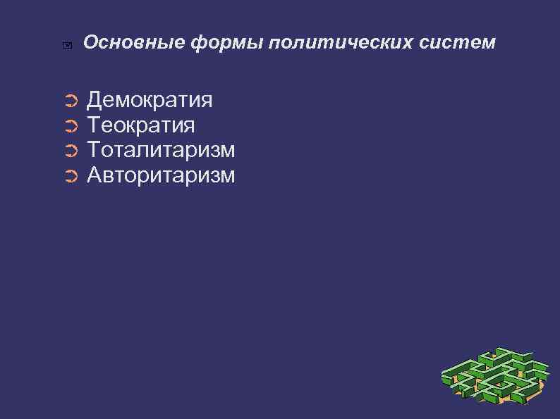  Основные формы политических систем ➲ Демократия ➲ Теократия ➲ Тоталитаризм ➲ Авторитаризм 