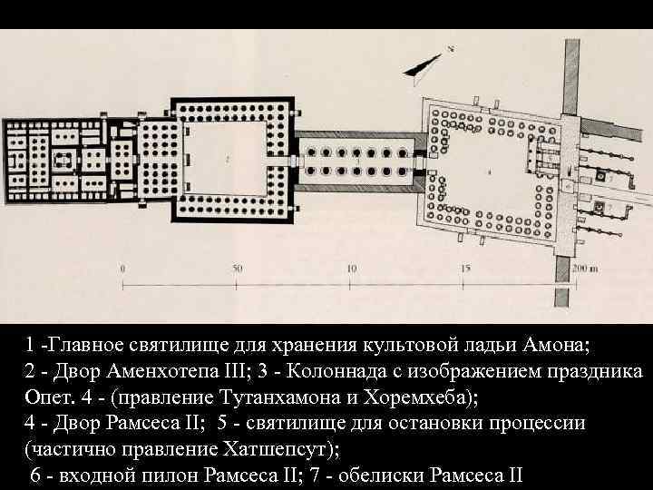 Храм Амона-Ра в Луксоре 1 -Главное святилище для хранения культовой ладьи Амона; 2 -