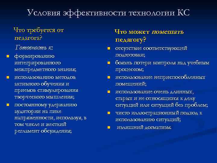 Условия эффективности технологии КС Что требуется от педагога? Готовность к: n n n формированию