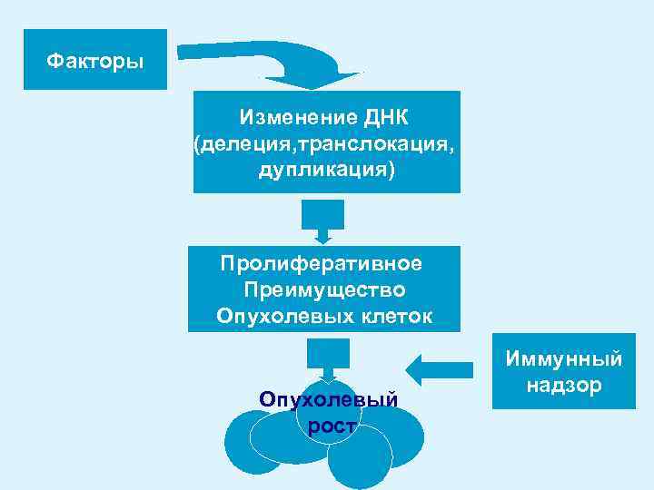 Факторы Изменение ДНК (делеция, транслокация, дупликация) Пролиферативное Преимущество Опухолевых клеток Опухолевый рост Иммунный надзор