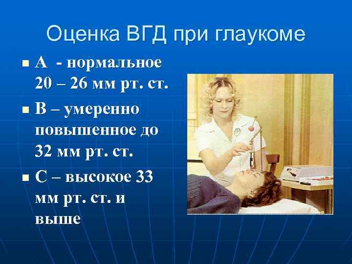 Оценка ВГД при глаукоме А - нормальное 20 – 26 мм рт. ст. n