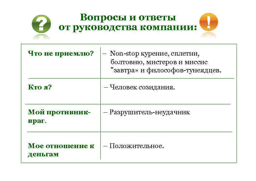 Вопросы и ответы от руководства компании: Что не приемлю? – Non-stop курение, сплетни, болтовню,