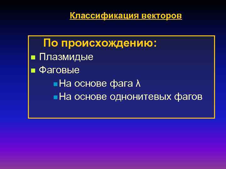 Классификация векторов По происхождению: n n Плазмидые Фаговые n На основе фага λ n