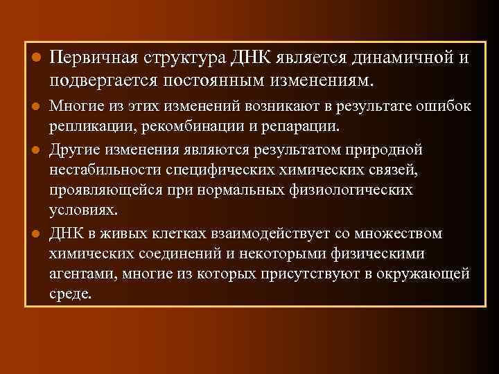 l Первичная структура ДНК является динамичной и подвергается постоянным изменениям. Многие из этих изменений
