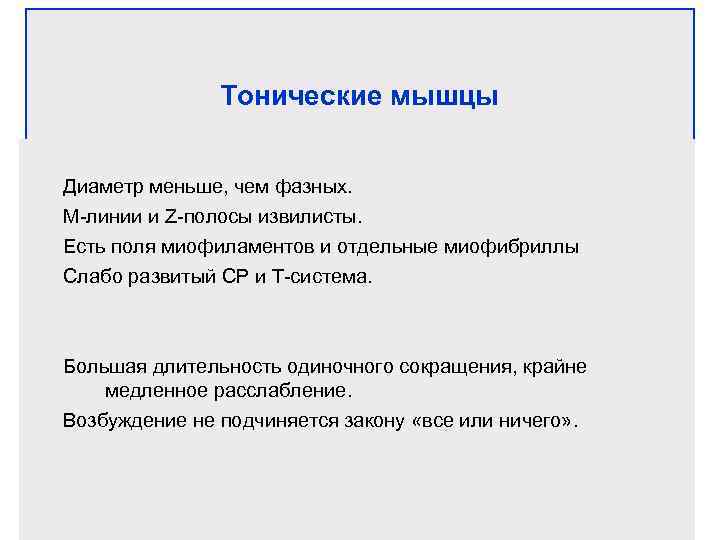 Тонические мышцы Диаметр меньше, чем фазных. М-линии и Z-полосы извилисты. Есть поля миофиламентов и