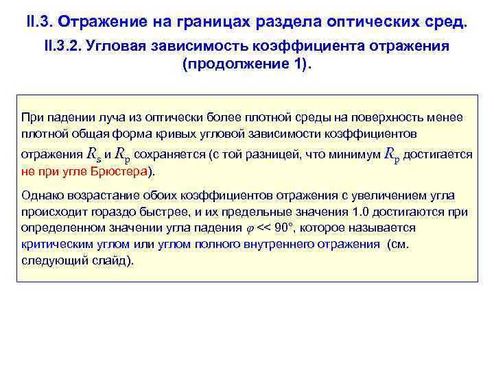 II. 3. Отражение на границах раздела оптических сред. II. 3. 2. Угловая зависимость коэффициента