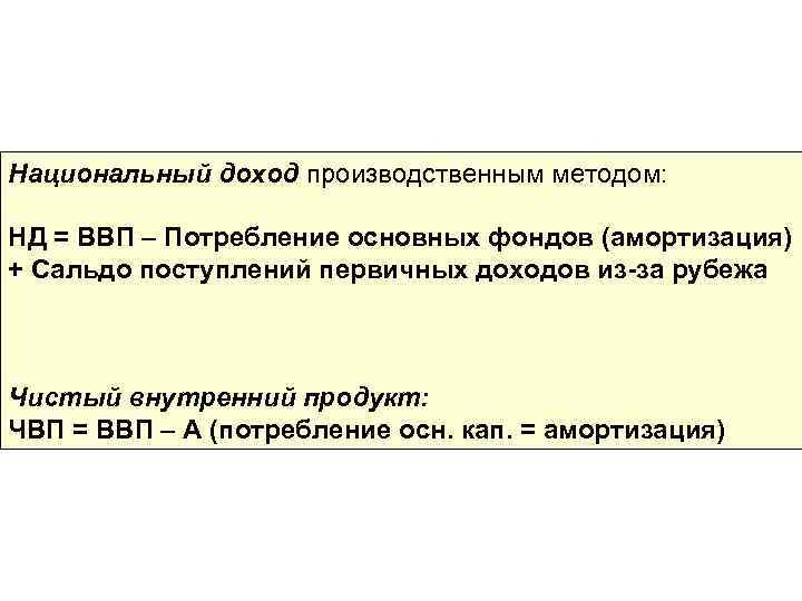 Национальный доход производственным методом: НД = ВВП – Потребление основных фондов (амортизация) + Сальдо