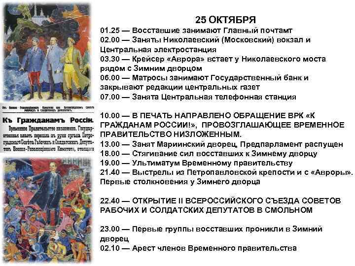 25 ОКТЯБРЯ 01. 25 — Восставшие занимают Главный почтамт 02. 00 — Заняты Николаевский