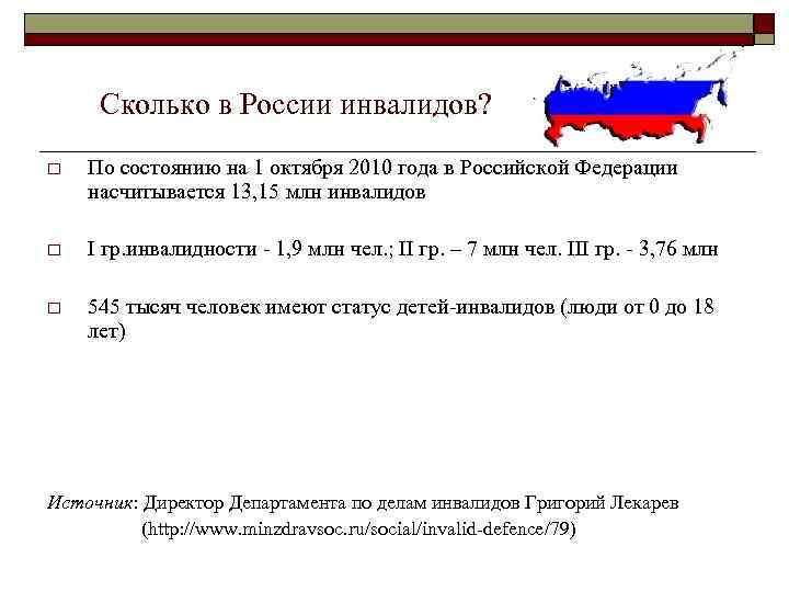  Сколько в России инвалидов? o  По состоянию на 1 октября 2010 года
