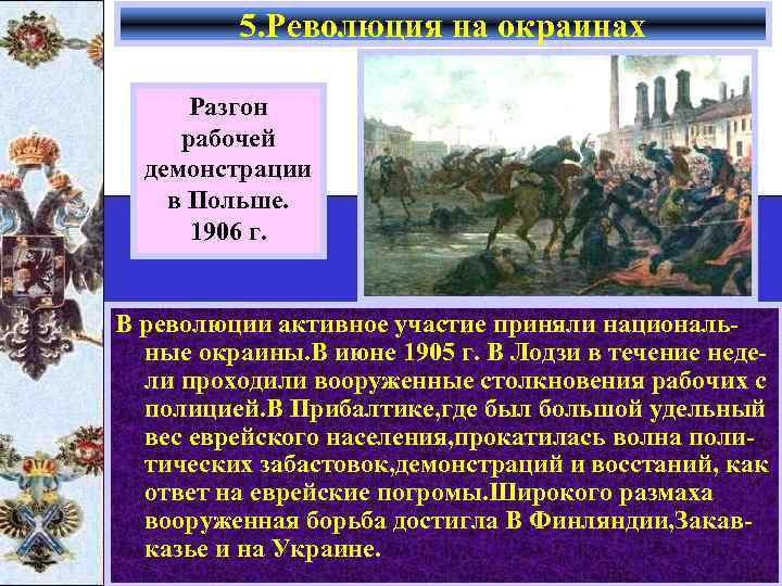 5. Революция на окраинах Разгон рабочей демонстрации в Польше. 1906 г. В революции активное