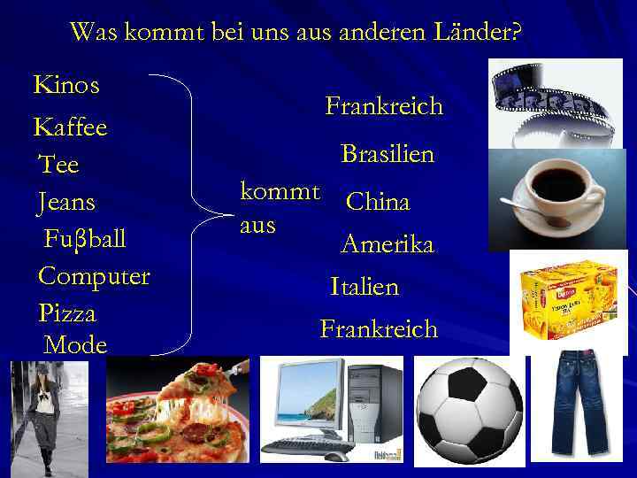 Was kommt bei uns aus anderen Länder? Kinos Kaffee Tee Jeans Fuβball Computer Pizza