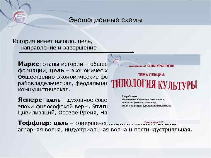  Эволюционные схемы История имеет начало, цель, направление и завершение Маркс: этапы истории –