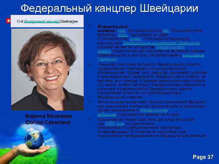 Федеральный канцлер Швейцарии 15 -й Федеральный канцлер Швейцарии • • • Корина Казанова Corina