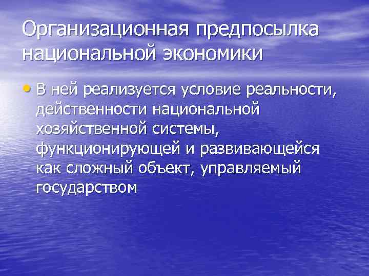 Организационная предпосылка национальной экономики • В ней реализуется условие реальности, действенности национальной хозяйственной системы,