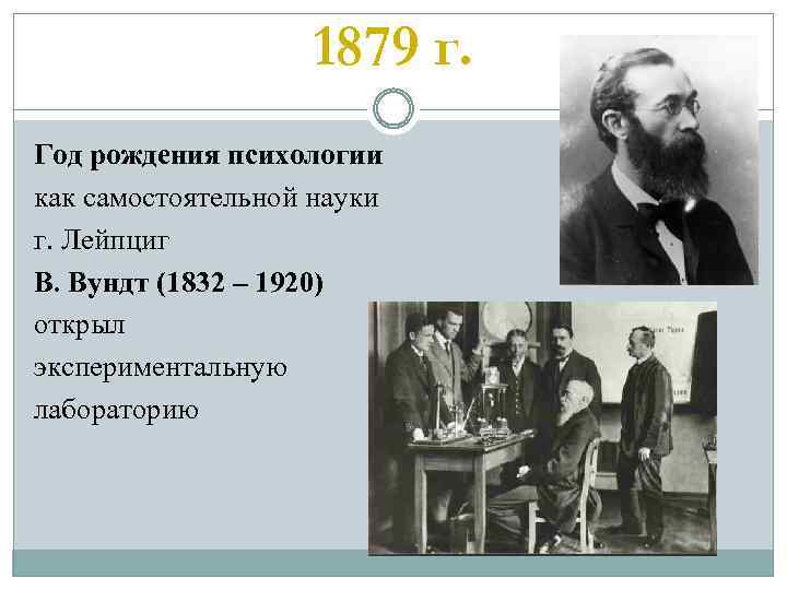 1879 г. Год рождения психологии как самостоятельной науки г. Лейпциг В. Вундт (1832 –