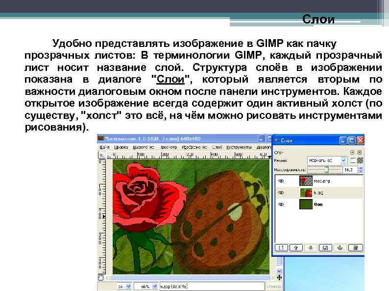 Слои Удобно представлять изображение в GIMP как пачку прозрачных листов: В терминологии GIMP, каждый