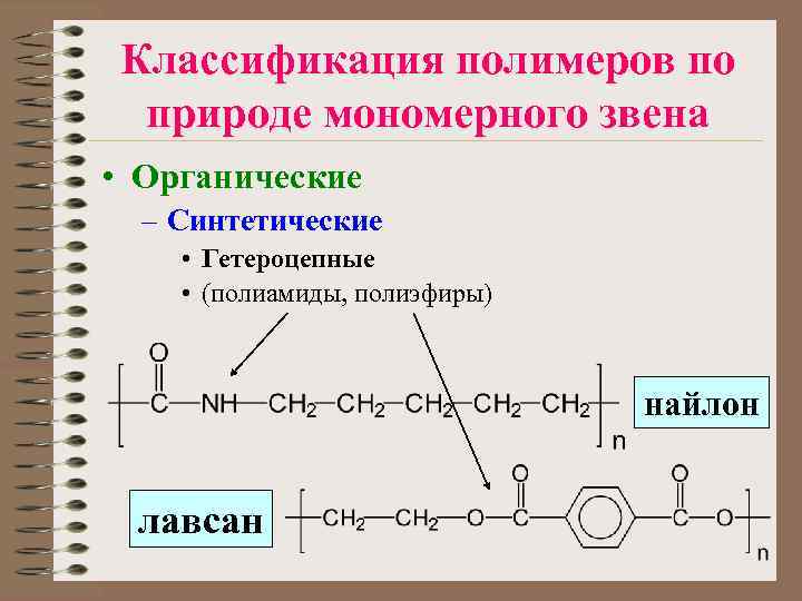 Классификация полимеров по природе мономерного звена • Органические – Синтетические • Гетероцепные • (полиамиды,