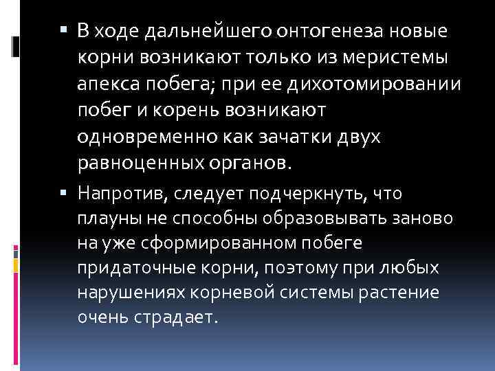  В ходе дальнейшего онтогенеза новые корни возникают только из меристемы апекса побега; при