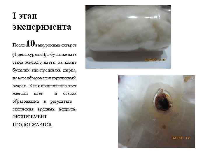 I этап эксперимента 10 выкуренных сигарет После (1 день курения), в бутылке вата стала