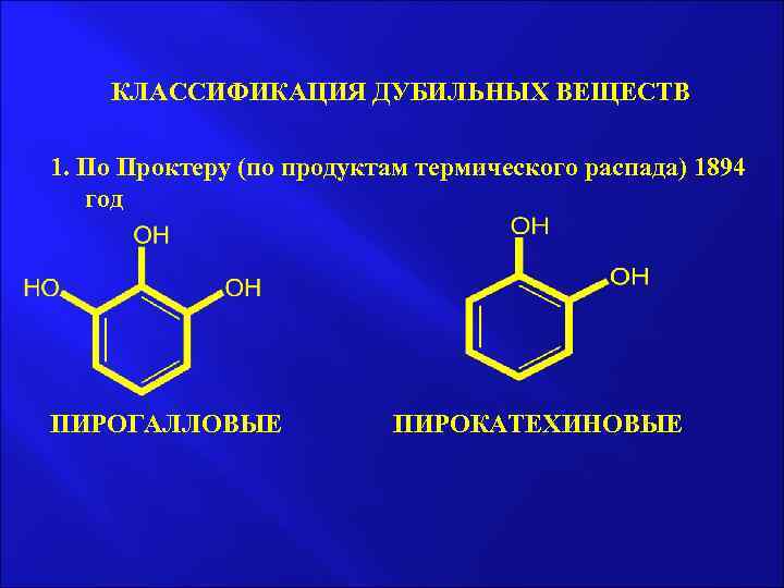 КЛАССИФИКАЦИЯ ДУБИЛЬНЫХ ВЕЩЕСТВ 1. По Проктеру (по продуктам термического распада) 1894 год ПИРОГАЛЛОВЫЕ ПИРОКАТЕХИНОВЫЕ