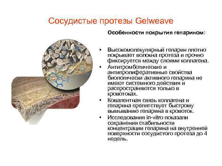 Сосудистые протезы Gelweave Особенности покрытия гепарином: • • Высокомолекулярный гепарин плотно покрывает волокна протеза
