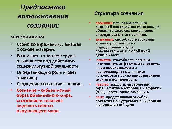Предпосылки возникновения сознания: материализм • Свойство отражения, лежащее в основе материи; • Возникает в