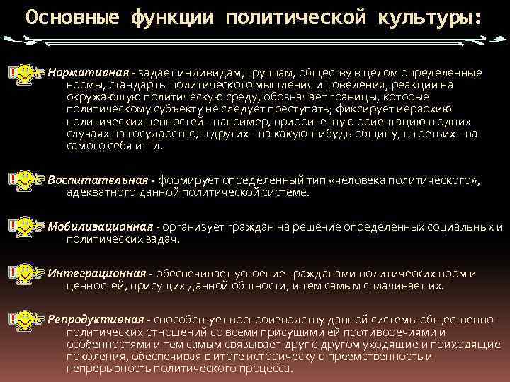 Основные функции политической культуры: Нормативная - задает индивидам, группам, обществу в целом определенные нормы,