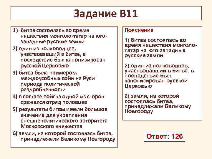 Задание В 11 1) битва состоялась во время нашествия монголо-татар на югозападные русские земли