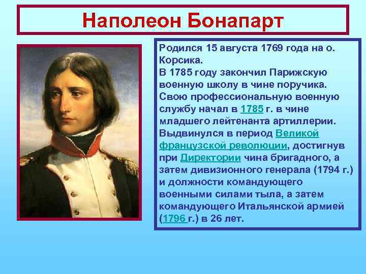 Наполеон Бонапарт Родился 15 августа 1769 года на о. Корсика. В 1785 году закончил