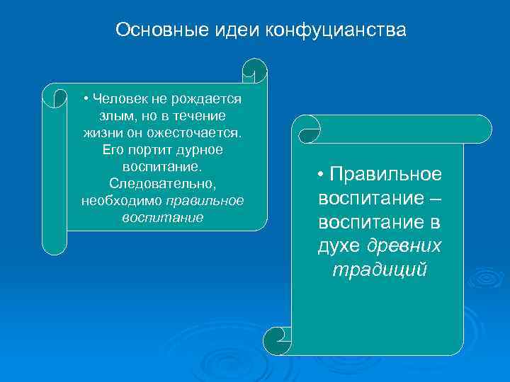 Основные идеи конфуцианства • Человек не рождается злым, но в течение жизни он ожесточается.