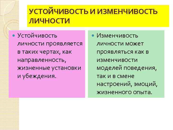 УСТОЙЧИВОСТЬ И ИЗМЕНЧИВОСТЬ ЛИЧНОСТИ Устойчивость личности проявляется в таких чертах, как направленность, жизненные установки