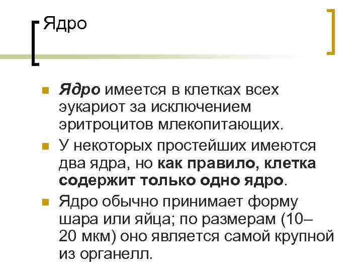 Ядро n n n Ядро имеется в клетках всех эукариот за исключением эритроцитов млекопитающих.