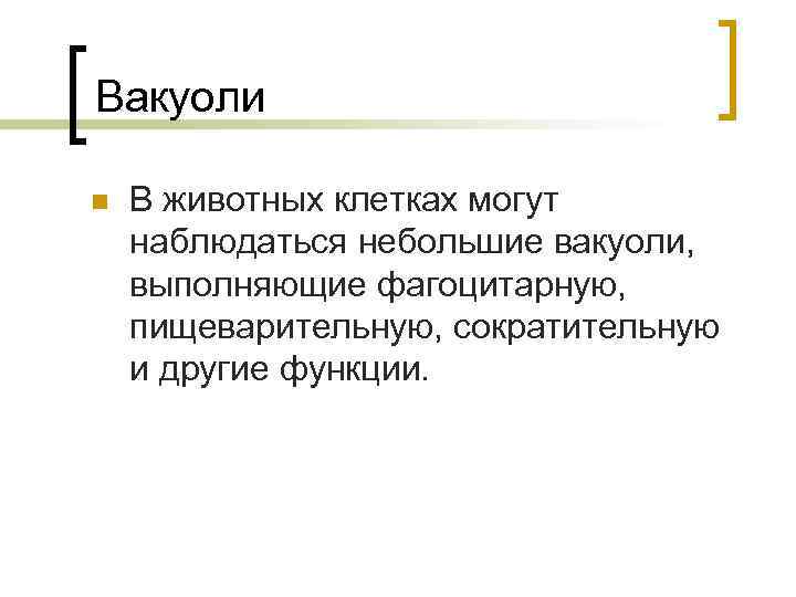 Вакуоли n В животных клетках могут наблюдаться небольшие вакуоли, выполняющие фагоцитарную, пищеварительную, сократительную и