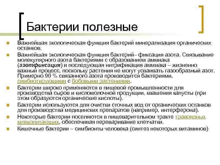 Бактерии полезные n n n Важнейшая экологическая функция бактерий минерализация органических останков. Важнейшая экологическая