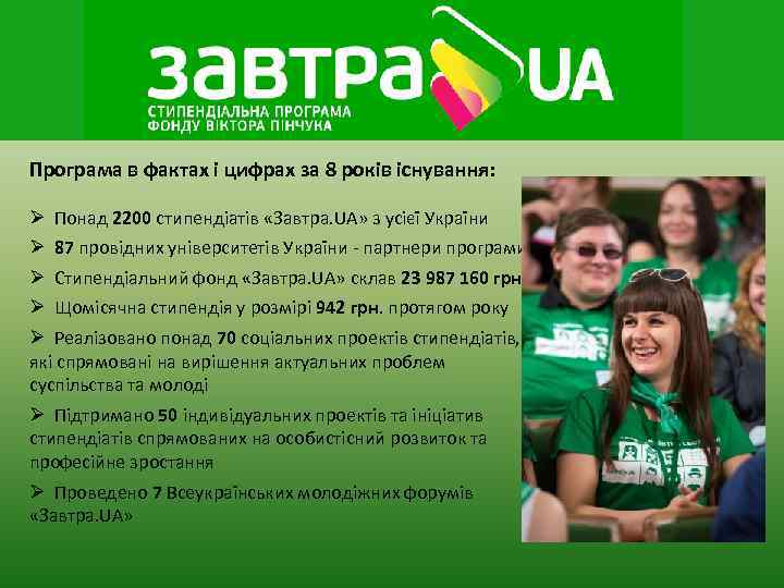 Програма в фактах і цифрах за 8 років існування: Ø Понад 2200 стипендіатів «Завтра.