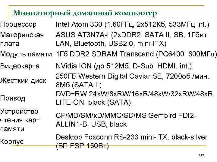  Миниатюрный домашний компьютер Процессор Intel Atom 330 (1. 60 ГГц, 2 х512 Кб,