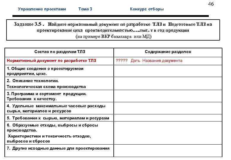  46 Управление проектами Тема 3 Конкурс отборы Задание 3. 5. Найдите нормативный документ