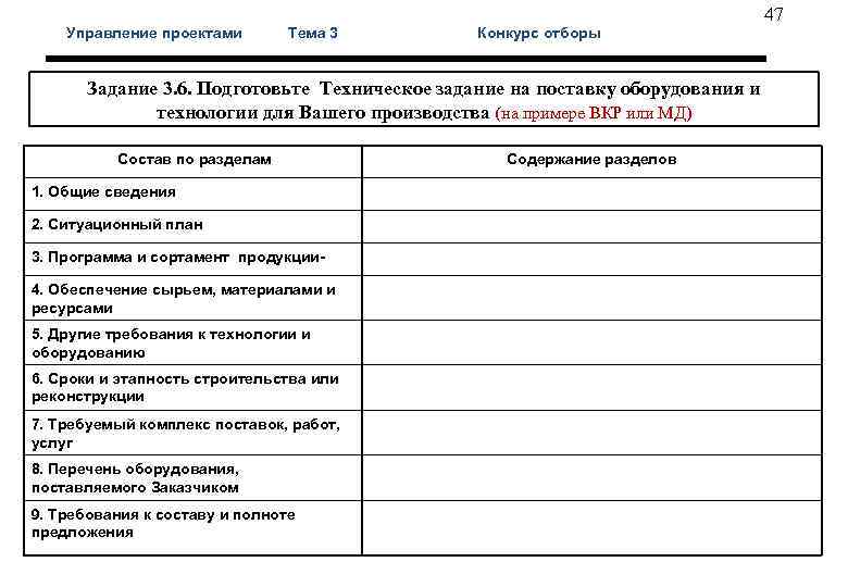  47 Управление проектами Тема 3 Конкурс отборы Задание 3. 6. Подготовьте Техническое задание