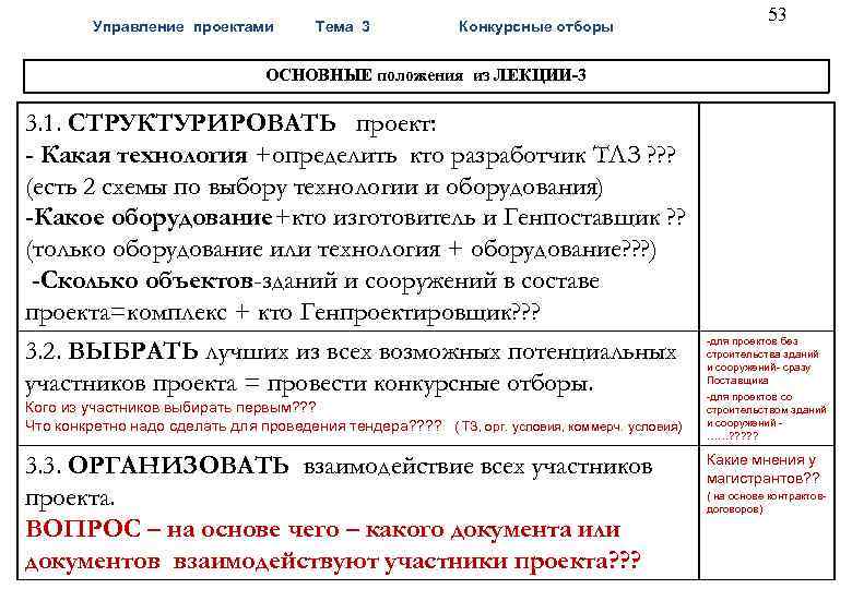  53 Управление проектами Тема 3 Конкурсные отборы ОСНОВНЫЕ положения из ЛЕКЦИИ-3 3. 1.