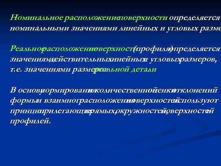 Номинальное расположениеповерхности определяется номинальными значениями линейных и угловых разме Реальное расположение поверхности (профиля) определяется