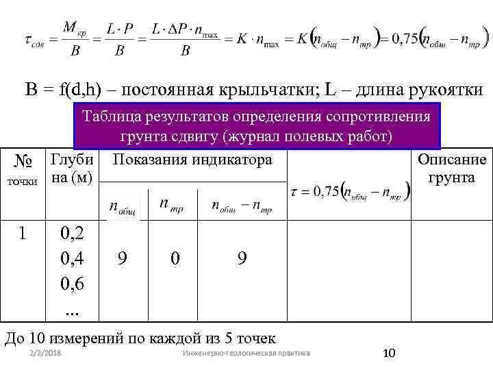 В = f(d, h) – постоянная крыльчатки; L – длина рукоятки № точки 1