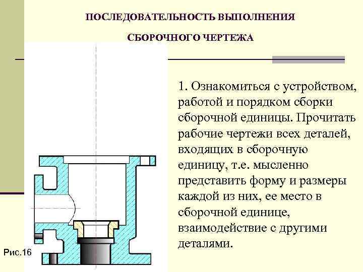 ПОСЛЕДОВАТЕЛЬHОСТЬ ВЫПОЛHЕHИЯ СБОPОЧHОГО ЧЕPТЕЖА Рис. 16 1. Ознакомиться с устpойством, pаботой и поpядком сбоpки