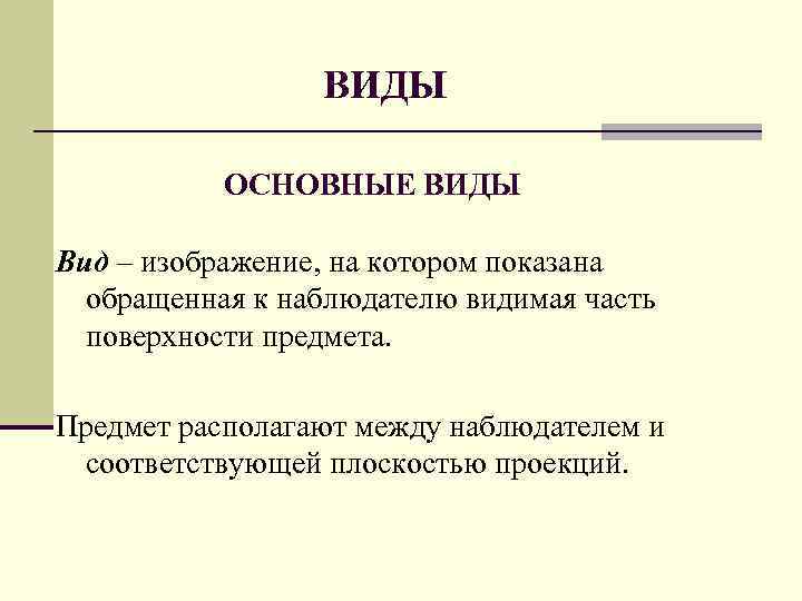 ВИДЫ ОСНОВНЫЕ ВИДЫ Вид – изображение, на котором показана обращенная к наблюдателю видимая часть