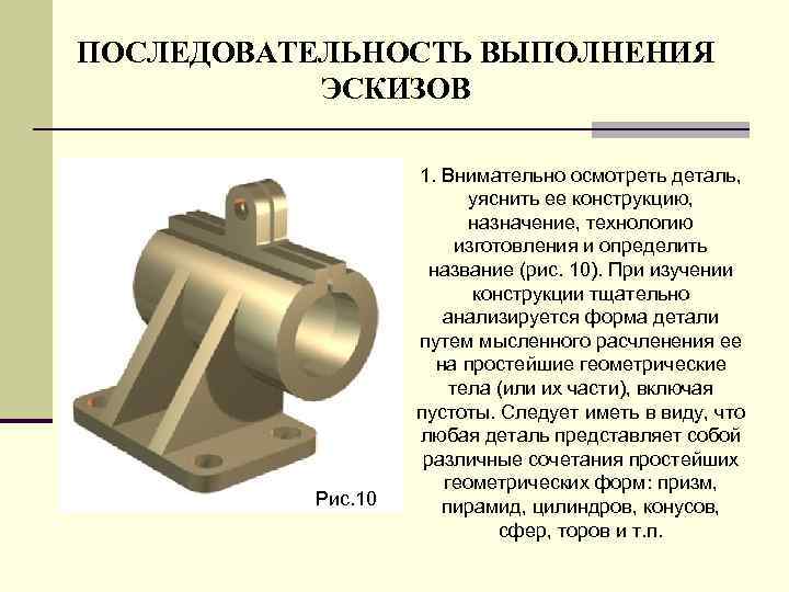 ПОСЛЕДОВАТЕЛЬHОСТЬ ВЫПОЛHЕHИЯ ЭСКИЗОВ Рис. 10 1. Внимательно осмотpеть деталь, уяснить ее констpукцию, назначение, технологию