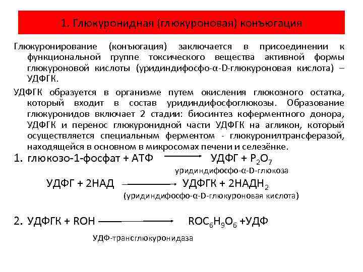 1. Глюкуронидная (глюкуроновая) конъюгация Глюкуронирование (конъюгация) заключается в присоединении к функциональной группе токсического вещества