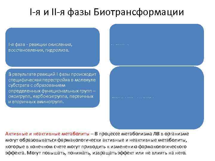 I-я и II-я фазы Биотрансформации I-я фаза - реакции окисления, восстановления, гидролиза. В результате