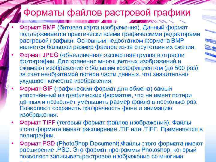 Форматы файлов растровой графики • Формат BMP (битовая карта изображения). Данный формат поддерживается практически