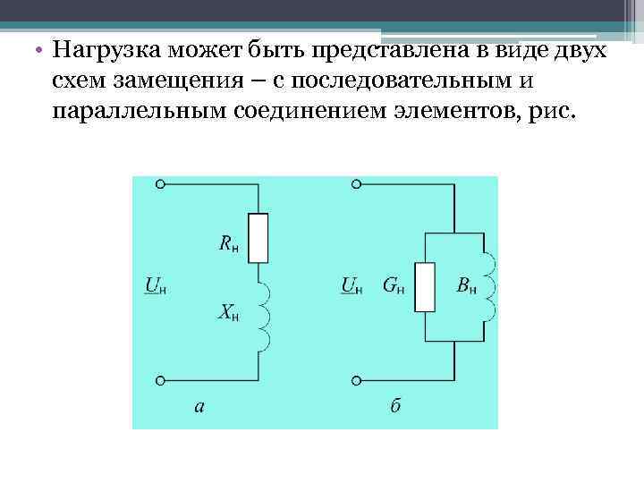  • Нагрузка может быть представлена в виде двух схем замещения – с последовательным