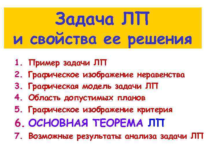 Задача ЛП и свойства ее решения 1. 2. 3. 4. 5. Пример задачи ЛП
